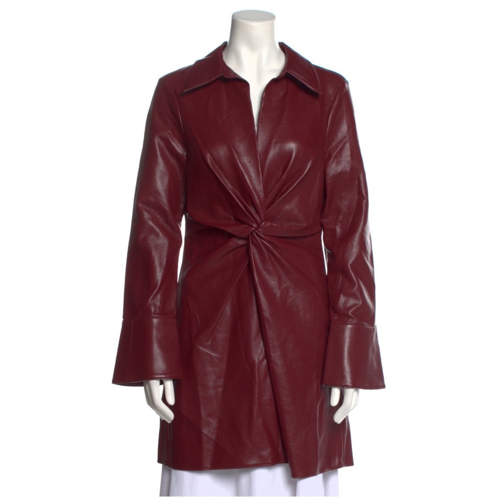 NWT Cinq a Sept Burgundy Faux Leather Dress Bell Sleeve Twist Waist Size 8 - Picture 7 of 8